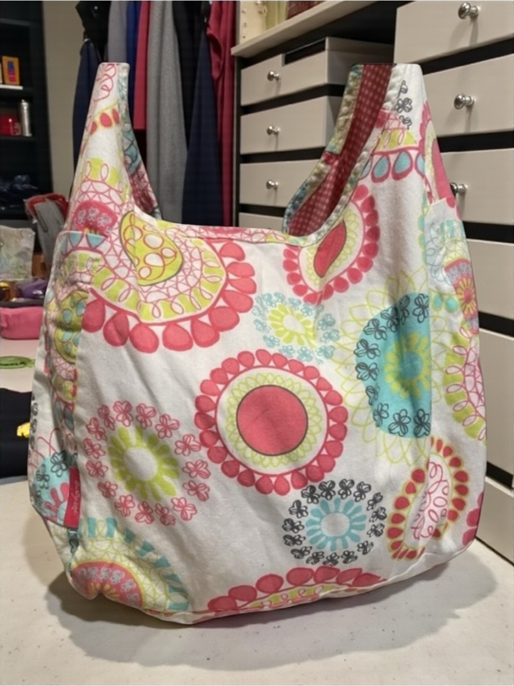 Thirty-One CITRUS MEDALLION Pink Gingham Crossbody Hobo REVERSIBLE Bag Purse LN‍